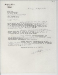 [Carta] 1954 mayo 6, Santiago [a] Gabriela Mistral, Long Island