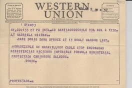[Telegrama] 1954 jun. 5, Santiago de Chile [a] Gabriela Mistral, Long Island