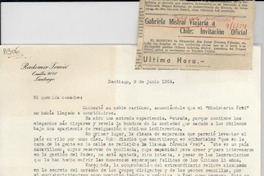 [Carta] 1954 jun. 9, Santiago [a] Gabriela Mistral