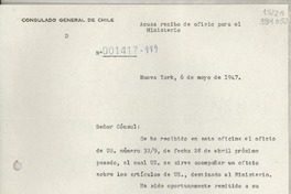 [Carta] 1947 mayo 6, New York, [Estados Unidos] [al] señor Cónsul de Chile, Gabriela Mistral, 1305 Buenavista Street, Monrovia, Cal.