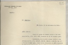 [Oficio] N° 590112, 1945 nov. 12, São Paulo, Brasil [al] Señor Cónsul de Chile, Petrópolis, [Brasil]