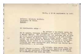 [Carta] 1933 sept. 12, París, [Francia] [a] Gabriela Mistral, Madrid, [España]
