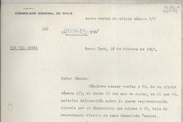 [Oficio] N° 000645-448, 1947 feb. 28, Nueva York, [EE.UU.] [a] Gabriela Mistral, Cónsul de Chile, 1305 Buena Vista Street, Monrovia, California, [EE.UU.]