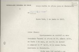 [Carta] 1947 jun. 3, New York, [Estados Unidos] [a] Gabriela Mistral, Cónsul de Chile, 1305 Buenavista Street, Monrovia, Cal.