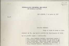 [Oficio] N° 37, 1947 mar. 7, Los Angeles, [EE.UU.] [a la] Hon. Gabriela Mistral, Cónsul de Chile, Monrovia, [EE.UU.]