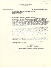 [Carta] 1951 nov. 12, Cincinnati, Ohio, [Estados Unidos] [a] Gabriela Mistral, Rapallo, Italia