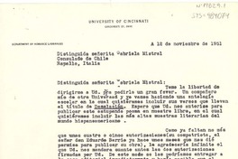 [Carta] 1951 nov. 12, Cincinnati, Ohio, [Estados Unidos] [a] Gabriela Mistral, Rapallo, Italia