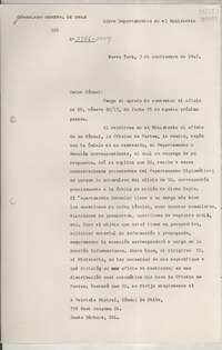 [Circular] N° 2126-2009, 1947 sept. 3, New York, [Estados Unidos] [a] Gabriela Mistral, Cónsul de Chile, 729 East Anapamu St., Santa Bárbara, Cal.