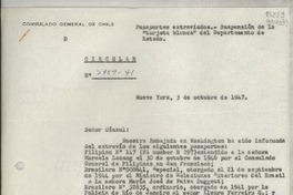 Circular N° 2981-41, 1947 oct. 3, New York, [Estados Unidos] [a] los señores Cónsules de Chile en Estados Unidos