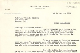 [Carta] 1952 ene. 22, Cincinnati, Ohio, [Estados Unidos] [a] Gabriela Mistral, Naples, Italia
