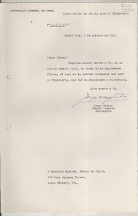 [Circular] N° 3053-2230, 1947 oct. 7, New York, [Estados Unidos] [a] Gabriela Mistral, Cónsul de Chile, 729 East Anapamu Street, Santa Bárbara, Cal.