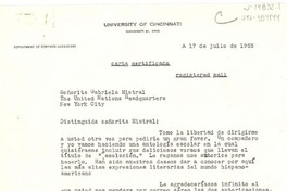 [Carta] 1953 jul. 17, Cincinnati, Ohio [Estados Unidos] [a] Gabriela Mistral, The United Nations Headquarters, New York, [Estados Unidos]
