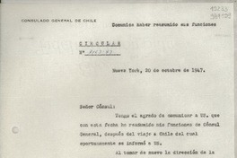 Circular N° 3163-47, 1947 oct. 20, Nueva York, [Estados Unidos] [al] señor Cónsul de Chile, Santa Barbara