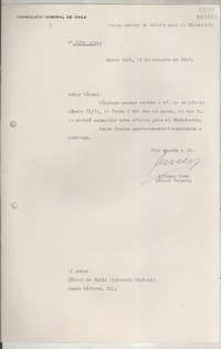 [Circular] N° 3336-2439, 1947 oct. 31, Nueva York, [Estados Unidos] [al] señor Cónsul de Chile (Gabriela Mistral), Santa Barbara, Cal.