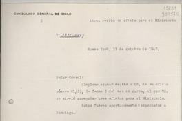 [Circular] N° 3336-2439, 1947 oct. 31, Nueva York, [Estados Unidos] [al] señor Cónsul de Chile (Gabriela Mistral), Santa Barbara, Cal.