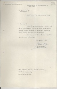 [Circular] N° 3692-2714, 1947 dic. 3, Nueva York, [Estados Unidos] [a] Gabriela Mistral, Cónsul de Chile, 729 East Anapamu St., Santa Barbara, Cal.