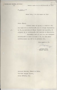 [Circular] N° 3738-2748, 1947 dic. 5, Nueva York, [Estados Unidos] [a] Gabriela Mistral, Cónsul de Chile, 729 East Anapamu Street., Santa Bárbara, Cal.