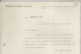 Circular N° 02067-1489, 1948 jul. 26, Nueva York, [EE.UU.] [al] Señor Cónsul de Chile, Santa Bárbara, California, [EE.UU.]
