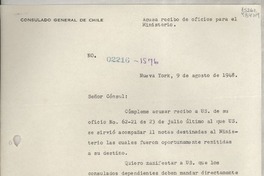 Circular N° 02216-1576, 1948 ago. 9, Nueva York, [EE.UU.] [al] Señor Cónsul de Chile, Santa Bárbara, Calif., [EE.UU.]