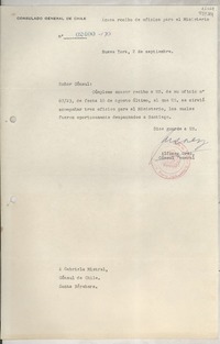 [Circular] N° 02400-1713, [1948] sept. 2, Nueva York, [EE.UU.] [a] Gabriela Mistral, Cónsul de Chile, Santa Bárbara, [EE.UU.]