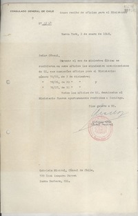 [Circular] N° 13-2, 1948 ene. 2, Nueva York, [Estados Unidos] [a] Gabriela Mistral, Cónsul de Chile, 729 East Anapamu Street., Santa Bárbara, Cal.