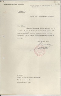 [Circular] N° 354-233, 1948 feb. 3, Nueva York, [Estados Unidos] [al] señor Cónsul de Chile (Gabriela Mistral), 729 East Anapamu St., Santa Barbara, Cal.