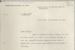 [Circular] N° 354-233, 1948 feb. 3, Nueva York, [Estados Unidos] [al] señor Cónsul de Chile (Gabriela Mistral), 729 East Anapamu St., Santa Barbara, Cal.