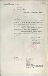 Circular N° 02840-42, 1948 nov. 3, Nueva York, [EE.UU.] [a los] [Señores Cónsules de Chile en EE.UU. y Puerto Rico]