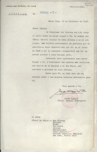 Circular N° 03244-51, 1948 dic. 22, Nueva York, [EE.UU.] [a los] [Señores Cónsules de Chile en EE.UU. y Puerto Rico]