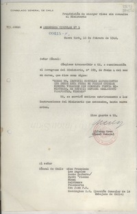 Aerograma circular N° 1, 1948 feb. 10, Nueva York, [Estados Unidos] [al] señor Cónsul de Chile, Santa Bárbara