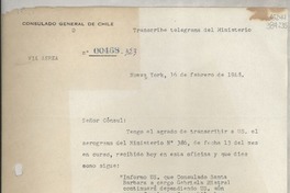 [Circular] N° 00468-323, 1948 feb. 16, Nueva York, [Estados Unidos] [a] Gabriela Mistral, Cónsul de Chile, 729 East Anapamu Street, Santa Bárbara, Cal.