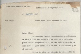 [Circular] N° 00526-355, 1948 feb. 20, Nueva York, [Estados Unidos] [al] señor Cónsul de Chile, Gabriela Mistral, 729 East Anapamu Street, Santa Bárbara, Cal.