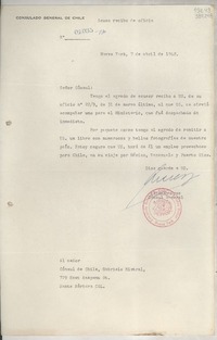 [Circular] N° 01035-130, 1948 abr. 7, Nueva York, [Estados Unidos] [al] señor Cónsul de Chile, Gabriela Mistral, 729 East Anapamu Street, Santa Bárbara, Cal.