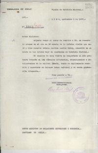 [Circular] N° 1061442, 1937 nov. 6, Lima, [Perú] [a] Señor Ministro de Relaciones Exteriores y Comercio, Santiago de Chile