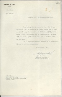 [Oficio] N° 656423, 1949 ago. 30, México, D.F., México [a la] Señorita, Gabriela Mistral, Cónsul de Chile en Comisión, Jalapa, Ver., [México]