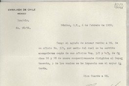 [Oficio] N° 9856, 1950 feb. 6, México, D.F., México [a la] Señorita, Gabriela Mistral, Cónsul de Chile en Comisión, Jalapa, Ver., [México]
