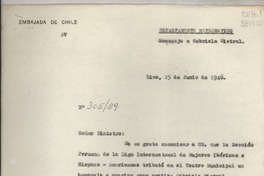 [Circular] N° 30589, 1946 jun. 25, Lima, [Perú] [a] Señor Ministro de Relaciones Exteriores, Santiago de Chile