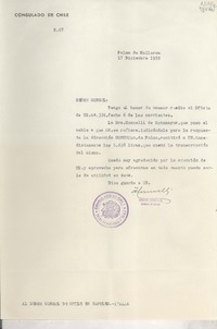 [Oficio] N° 67, 1952 dic. 17, Palma de Mallorca, [España] [al] Señor Cónsul de Chile en Nápoles, Italia