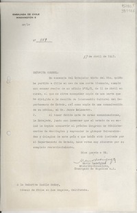 [Circular] N° 859, 1947 abr. 17, Washington [a] Señorita Lucila Godoy, Cónsul de Chile en Los Angeles, California