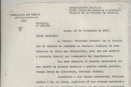 [Circular] N° 62779, 1947 nov. 19, Quito [al] Señor Ministro de Relaciones Exteriores, Santiago de Chile