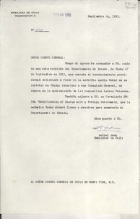 [Oficio] N° 1470, 1953 sept. 24, Washington 6, Embajada de Chile, [EE.UU.] [al] Señor Cónsul General de Chile en Nueva York, N. Y., [EE.UU.]