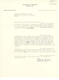 [Carta] 1951 sep. 4, Cincinnati, Ohio, [Estados Unidos] [a] Gabriela Mistral, Rapallo, Italia
