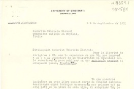[Carta] 1951 sep. 4, Cincinnati, Ohio, [Estados Unidos] [a] Gabriela Mistral, Rapallo, Italia