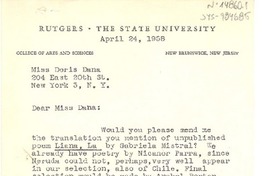 [Carta] 1958 apr. 24, New Brunswick, New Jersey, [Estados Unidos] [a] Doris Dana, New York, [Estados Unidos]