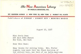 [Carta] 1958 aug. 12, New York, [Estados Unidos] [a] Doris Dana, New York, [Estados Unidos]
