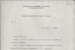 [Oficio] N° 2, 1946 abr. 5, Los Angeles, California, [Estados Unidos] [al] Señor Ministro de Relaciones Exteriores de Chile