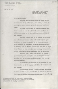 [Oficio] N° 24, 1947 feb. 23, Monrovia, California, [Estados Unidos] [al] Señor Cónsul General de Chile en Nueva York