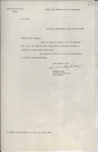 [Oficio] N° 196, 1947 abr. 1, Monrovia, California, [Estados Unidos] [al] Señor Cónsul General de Chile en Nueva York