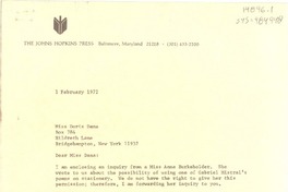 [Carta] 1971 oct. 22, [Baltimore, Maryland, Estados Unidos] [a] Doris Dana, New York, [Estados Unidos]