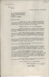 [Oficio] N° 291, 1947 abr. 15, Monrovia, California, [EE.UU.] [al] Sr. D. Francisco Ulloa Morazan, Director Relaciones Públicas, Movimiento Mundial Pro-Paz de la Mujer, Hollywood, California, [EE.UU.]